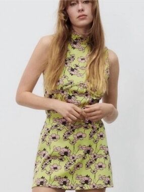 ZARA Floral Knit Mini Skirt Lime Green Pink Jacquard XS Y2K